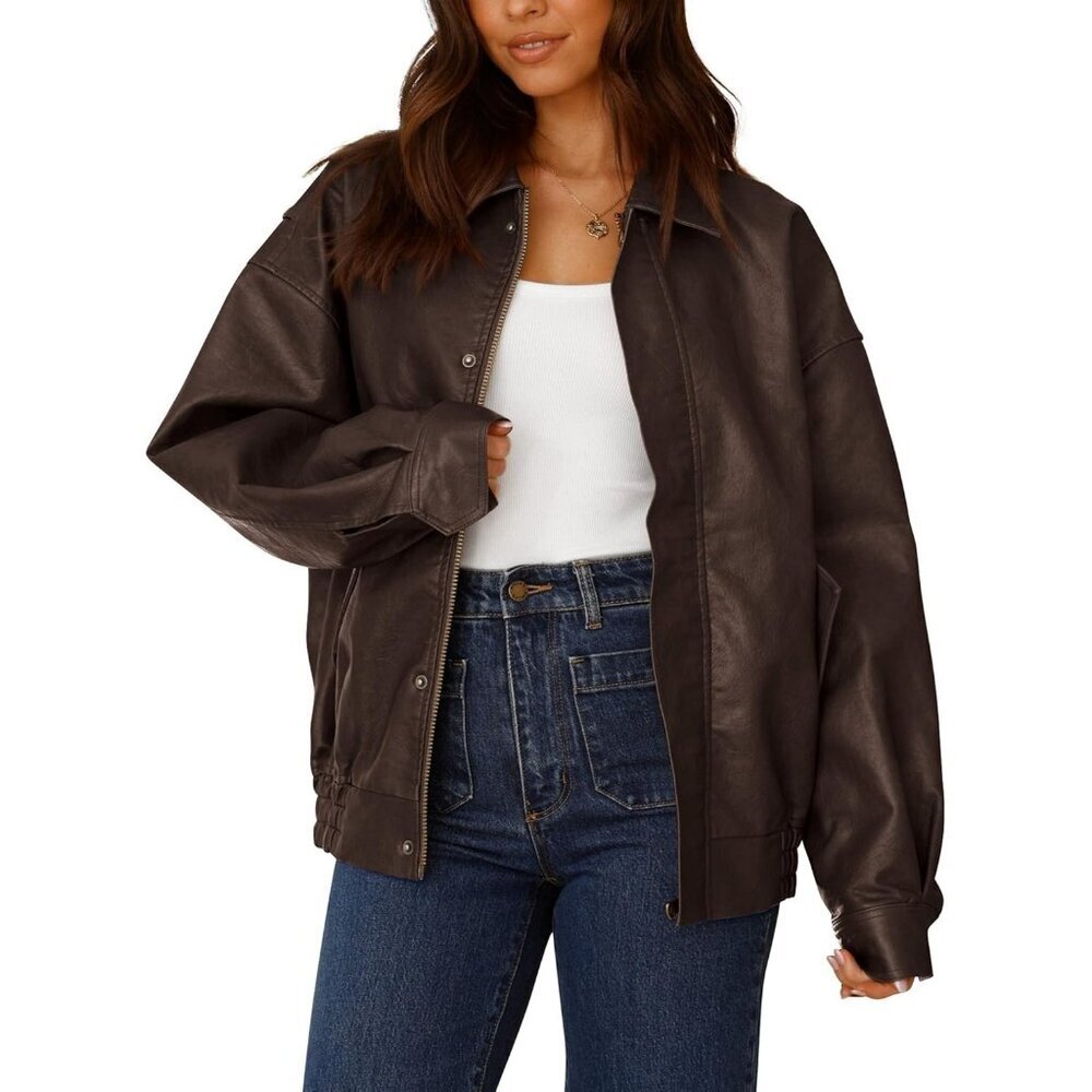 Women's Faux Leather Motorcycle Jacket Oversized Zip Up Winter Outerwear Coffee